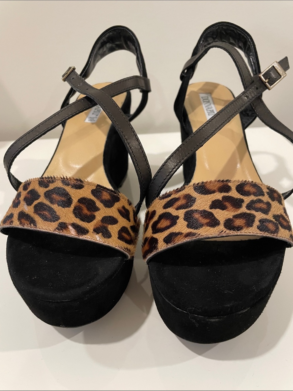 Black & Leopard Print Strappy Leather and  Suede Sandals